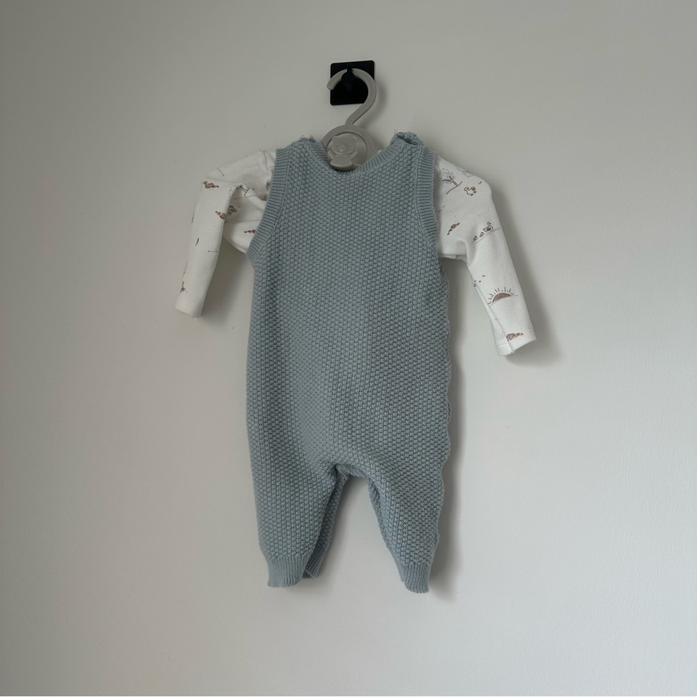 Carters Blue Knit Baby Romper with White Long Sleeve
